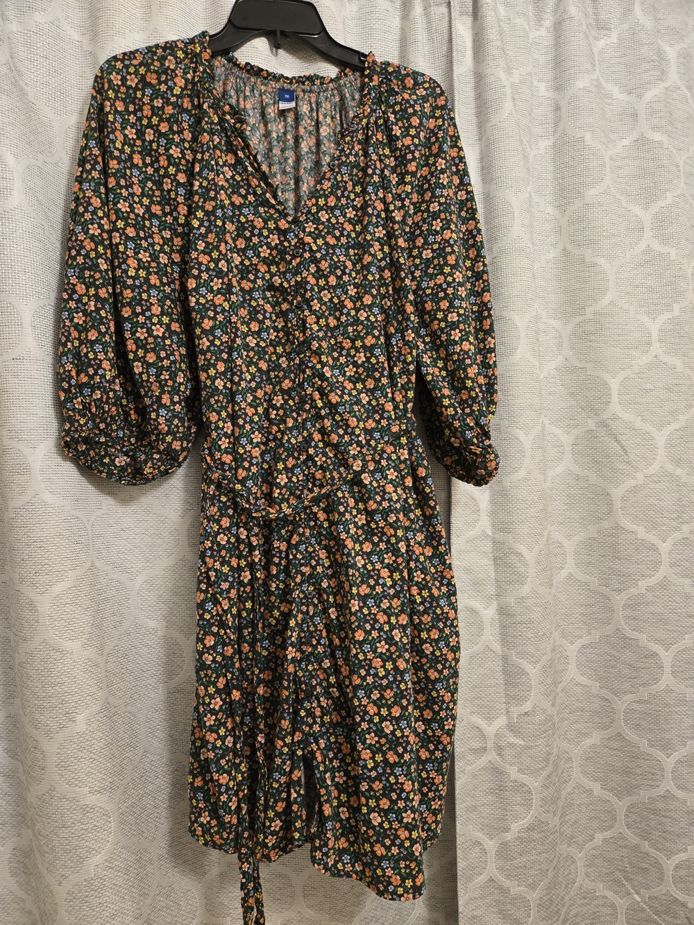 Old Navy Dark Green Floral Midi Dress with Orange and Pink Flowers